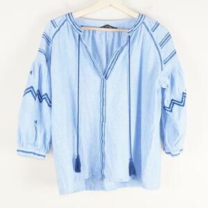 Zara Basic Linen Blend Embroidered Peasant Blue Blouse Womens Sz L